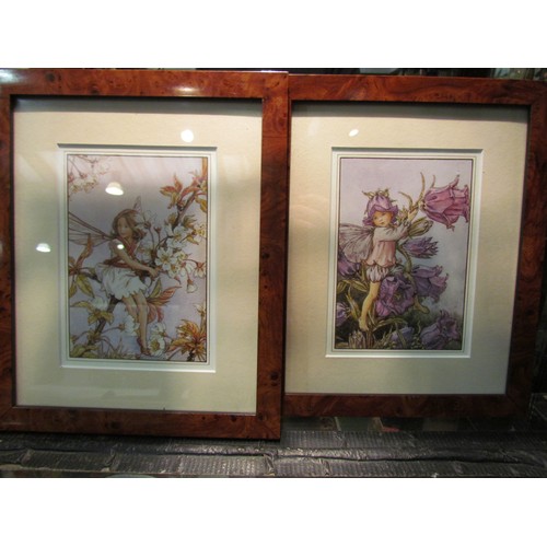 4232 - A set of four modern framed prints of Fairies, 17cm x 12cm and a pair of ceramic black cats (foot re... 