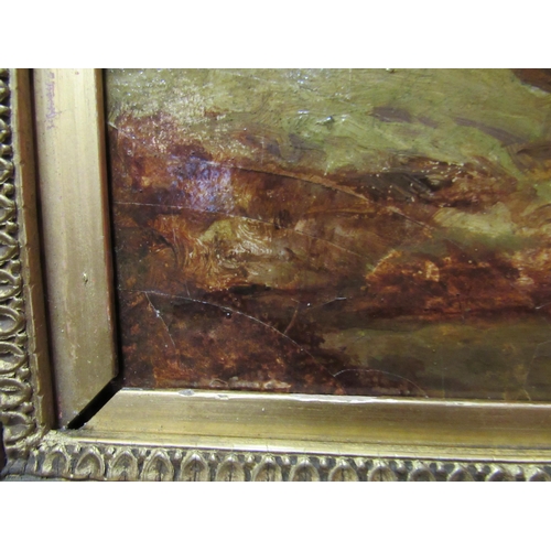 4029 - A late Victorian oil on board depicting watermill and river scene, 30cm x 60cm, gilt frame   (R) £45