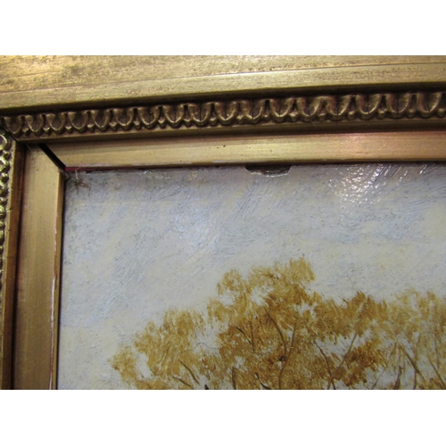 4029 - A late Victorian oil on board depicting watermill and river scene, 30cm x 60cm, gilt frame   (R) £45