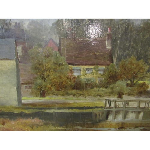 4029 - A late Victorian oil on board depicting watermill and river scene, 30cm x 60cm, gilt frame   (R) £45