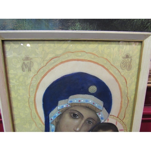 4034 - An original watercolour after the Icon of Our Lady of Kazan, framed and glazed, 36cm x 26cm