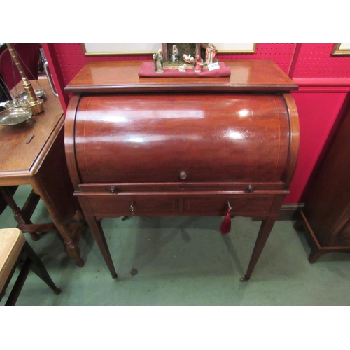 4076 - An Edwardian crossbanded mahogany cylinder bureau the fitted interior with brushing slide writing ta... 