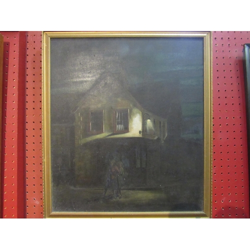 4090 - A gilt frame oil on board of two figures outside a tavern at night, 47cm x 40cm   (R) £20