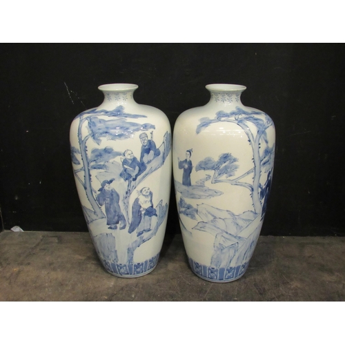 4145 - A pair of hand painted 19th Century Chinese blue and white vases, character mark to base, approximat... 