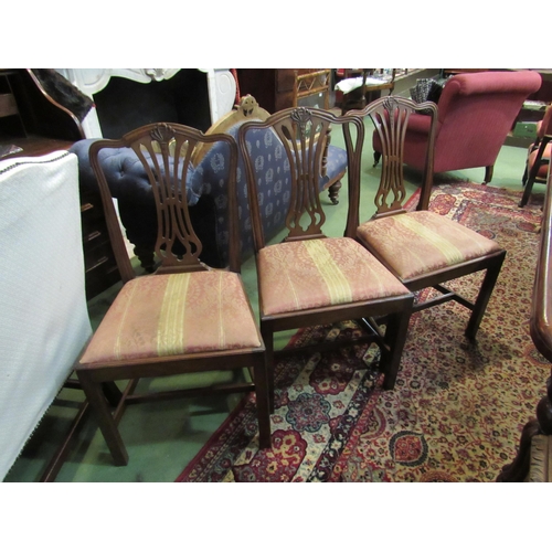 4162 - A set of six Chippendale style dining chairs on 'H' stretchers with silk upholstered seats    (R) £7... 