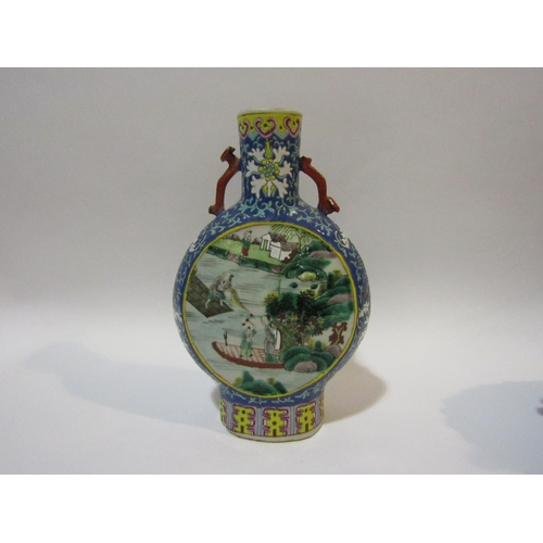 4249 - A Chinese moon flask vase with character marks to base together with an unusual boat, a/f