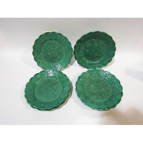 4263 - A pair of 19th Century flower painted plates. A set of six 19th Century green glazed leaf moulded ci... 