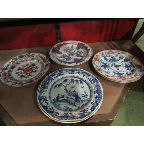 4005 - Three various late 18th early 19th Century Chinese polychrome dessert plates, (some chips), four sim... 