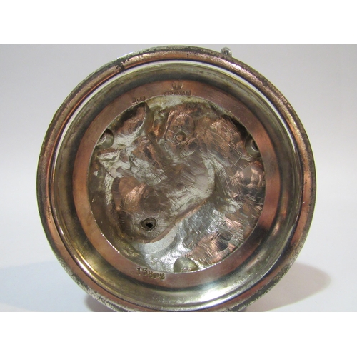 4106 - A silver-plated owl inkwell with glass eyes and ceramic liner, 18cm high. A/f Left side section of p... 