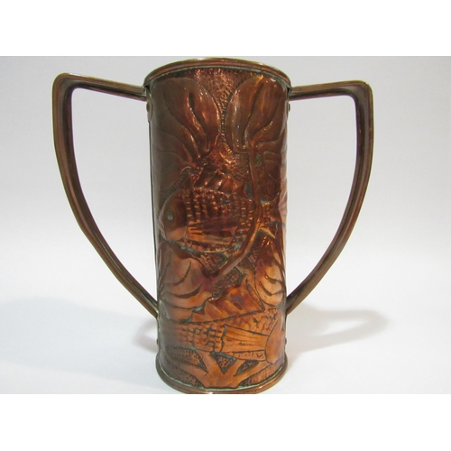 4278 - An Arts and Crafts Fivemiletown copper vase by John Williams with repoussé decoration of fish, 20cm ... 