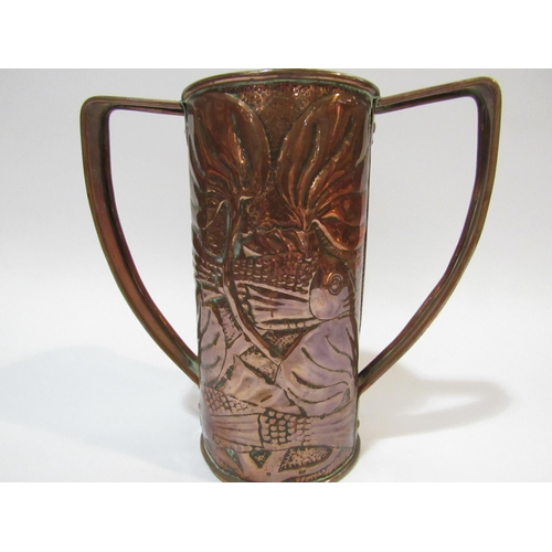 4278 - An Arts and Crafts Fivemiletown copper vase by John Williams with repoussé decoration of fish, 20cm ... 