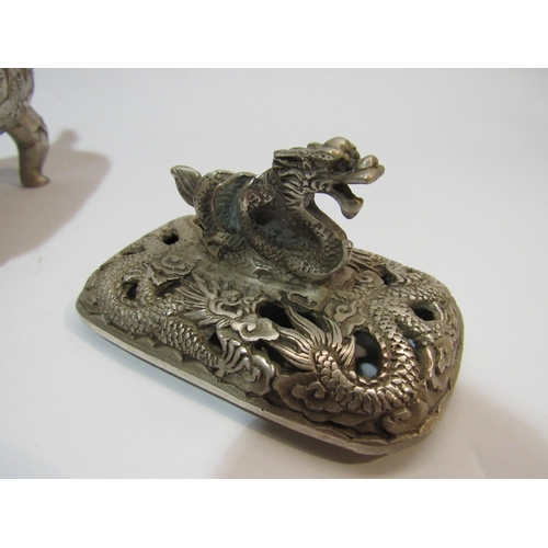 4287 - A Chinese white metal censer and cover having dragon decoration with six character mark to base    (... 