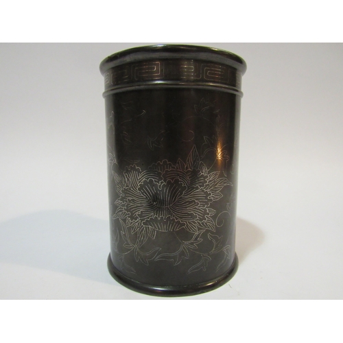 4290 - A bronze brush pot with white metal engraved chrysanthemum  decoration and character mark to base, 1... 