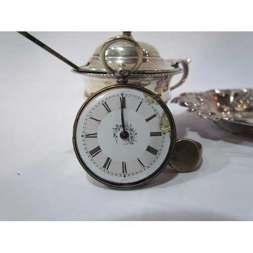 4351 - A silver mustard pot (lid loose) silver pin dish, Continental fob watch (damaged) and ring (4)