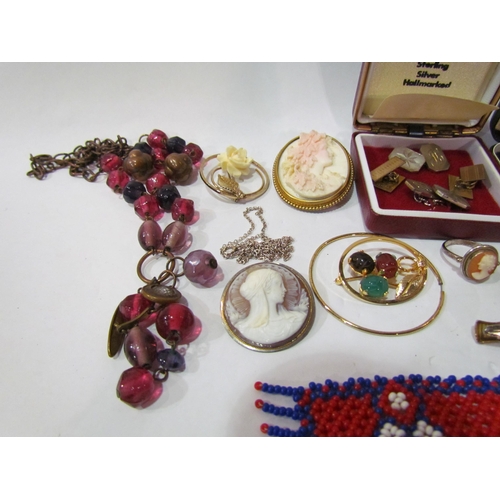 4355 - A box of miscellaneous bijouterie etc, including carved shell comeo brooch, cameo ring, beadwork nec... 