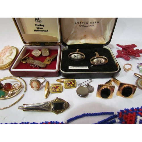 4355 - A box of miscellaneous bijouterie etc, including carved shell comeo brooch, cameo ring, beadwork nec... 