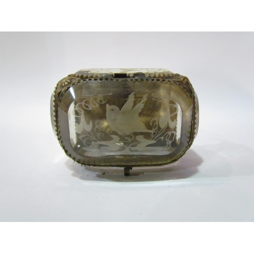 4357 - A bevel edged jewellery casket with etched decorative bird, silk cushion interior, on feet, a/f