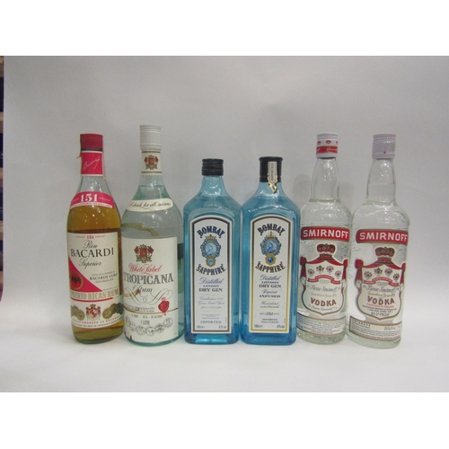 4578 - Bombay Sapphire Dry Gin 100cl x 2, Smirnoff Vodka 75cl x 2, White Label Tropicana Rum 1ltr, Bacardi ... 