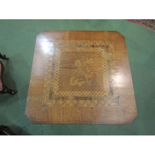 4099 - An inlaid parquetry table on quatre form base, the top inlaid with a depiction of St George and the ... 