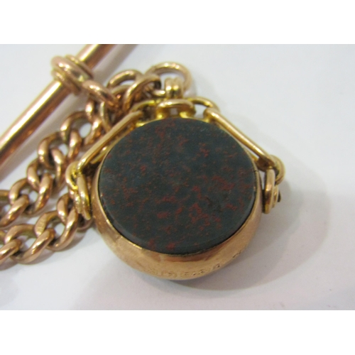 4385 - A 9ct rose gold watch chain with blood stone fob, 39.7g total weight