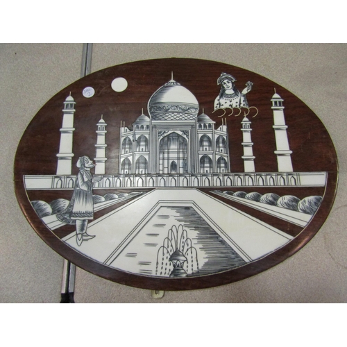 1214 - An Indian mid-20th Century wooden plaque with bone inlay of The Taj Mahal, original label to the bac... 