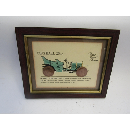 1323 - A framed and glazed Penny travel series Vauxhall 20hp 1908 Tourer. 19cm x 15.5cm, boxed unused Ford ... 