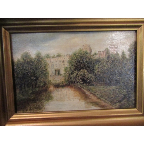 1418 - A pair of late 19th/early 20th Century framed oils of Warwick Castle, gilt framed, 14.5cm x 22cm   (... 