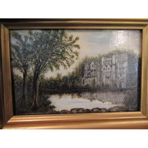 1418 - A pair of late 19th/early 20th Century framed oils of Warwick Castle, gilt framed, 14.5cm x 22cm   (... 