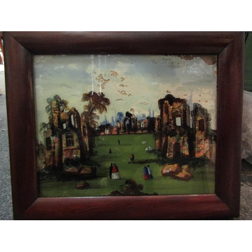 1496 - Two 19th Century painted pictures on glass depicting 'Courtyard of Dudley Castle and Ruins of Kenilw... 