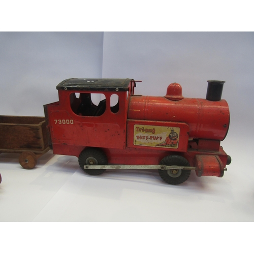 5091 - Two wooden model trains and a Tri-ang Puff-puff pressed tin locomotive