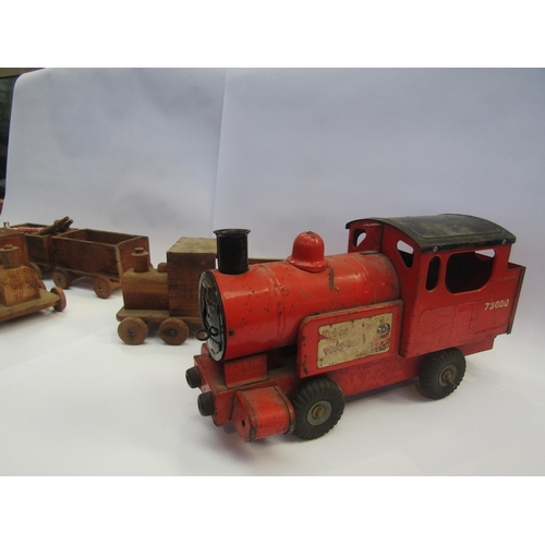 5091 - Two wooden model trains and a Tri-ang Puff-puff pressed tin locomotive