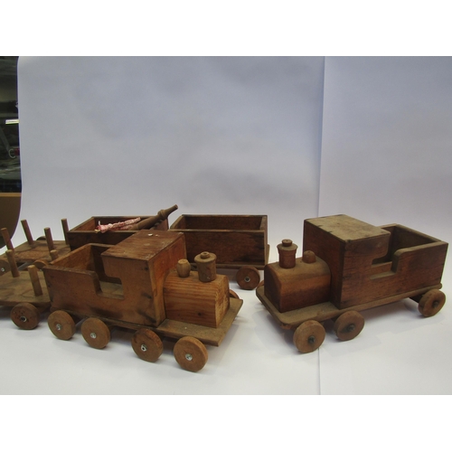 5091 - Two wooden model trains and a Tri-ang Puff-puff pressed tin locomotive