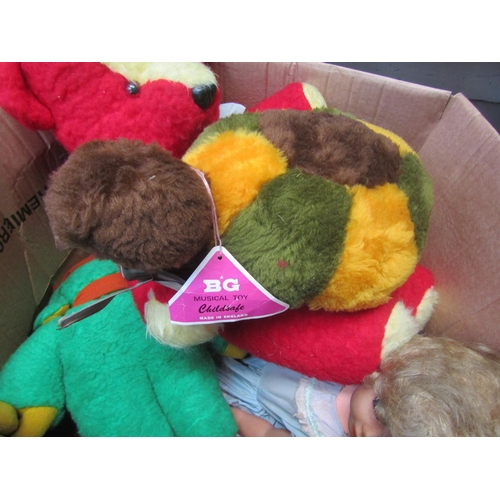 5106 - A collection of dolls, teddy bears and soft filled toys including Womble, musical tortoise etc