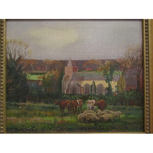 1059 - An oil on board. Landscape with cattle and church. Framed. image size 24 x 29cm    (R)  £30