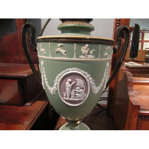 1065 - A Wedgwood style porcelain oil lamp, converted to electric with modern shade