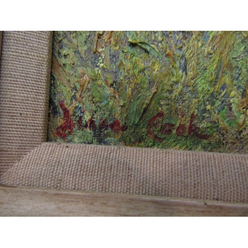 1097 - DIANA COOK: Oil on board of rural buildings across a meadow.  Signed lower left.  Framed.  Image siz... 