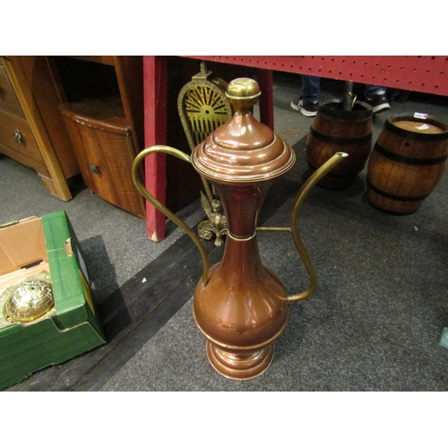 1105 - A quantity of metalwares including oversized copper and brass coffee pot and fan-shaped firescreen