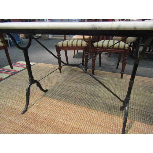 1109 - A French baker's/patisserie table, wrought iron base with solid marble top, 71cm high x 100cm long x... 