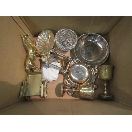 1170 - A quantity of plate and brass including tankard, serving trays, candlesticks, etc  (E)  £10-20