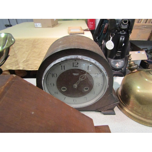 1194 - Two late Deco mantel clocks (a/f).  A modern set of scales and weights.  A Victorian style pedestal/... 