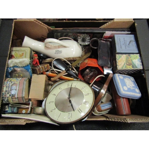 1226 - Two boxes of miscellaneous including Metamec electric clocks, glass shades, oriental screen, furnitu... 