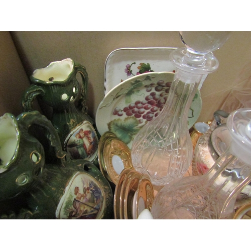 1242 - A box of assorted glass decanters, gilt coffee set, pair of vases, etc