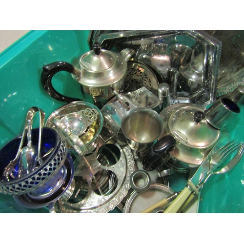 1264 - A box of silver plated wares: galleried tray, cutlery, etc