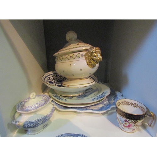 1306 - A selection of china wares including Longport lidded tureen with gilt lion masks, blue and white pla... 