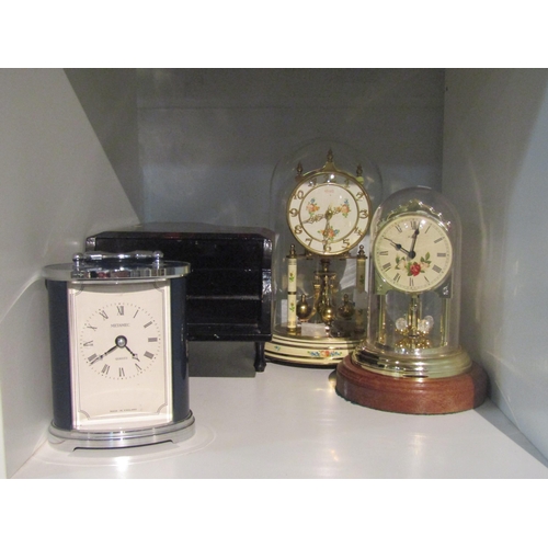 1404 - Two Kundo anniversary clocks, a Metamec quartz clock and a lacquered chinoiserie musical jewellery b... 