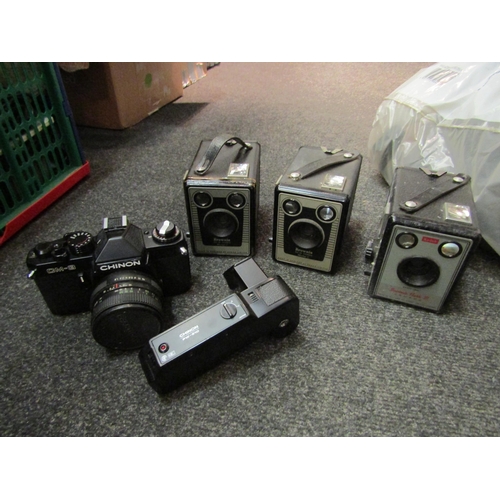 1524 - Three boxes containing a good quantity of assorted cameras and camera accessories including Pentax, ... 