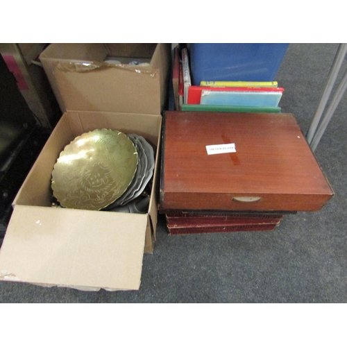 1562 - A box of metal wares and cased cutlery, including Persian kettle