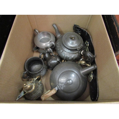 1562 - A box of metal wares and cased cutlery, including Persian kettle