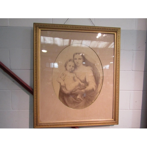 1001 - A large monotone picture of Mother Mary & Baby Jesus in a 19th Century gilt frame, 69cm x 54cm image... 