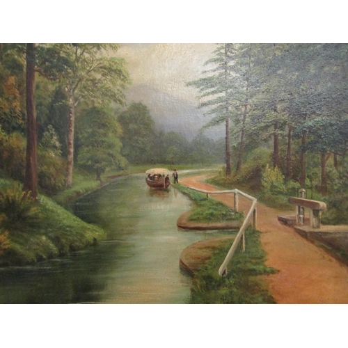 1436 - E.GRANT: An oil on board depicting boat on a canal with trees and mountain to background, signed and... 